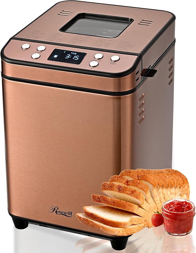 Rosewill 25-in-1 Automatic Bread Maker Machine with 3 Loaf Size up to 2 Lb, 700W High Power Dual Heater Bread Maker with BPA-free Nonstick Coating Pan, Max 15 Hours Delay Timer, Low Noise - Cinnamon