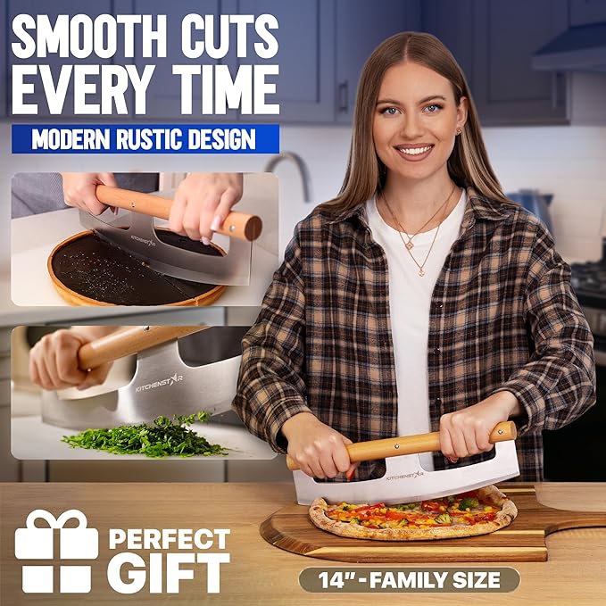 KitchenStar 14-Inch Pizza Cutter Rocker Blade - Razor Sharp Stainless Steel Slicer Knife, Stylish Beech Wood Handle, Protective Cover - Professional Pizza Oven Accessories, Silver
