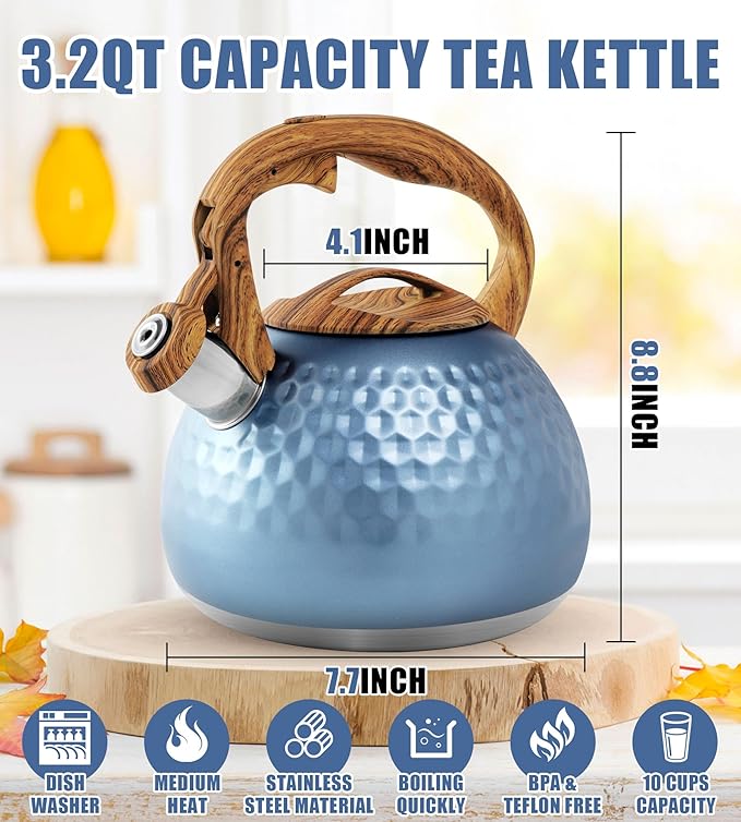 Stainless Steel Tea Kettle Blue, Teapot 3.2 Quart Whistling Tea Kettle, Tea Pots for Stove Top with Wood Pattern Handle, Gas Electric Applicable