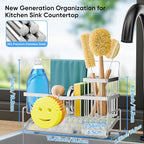 Sponge Holder for Kitchen Sink 304 Stainless Steel Self-Draining Sink Caddy with Smiley Face Sponge and Brush Holder Towel Bar and Divider Kitchen Gadgets Organizer for Countertop, Silver