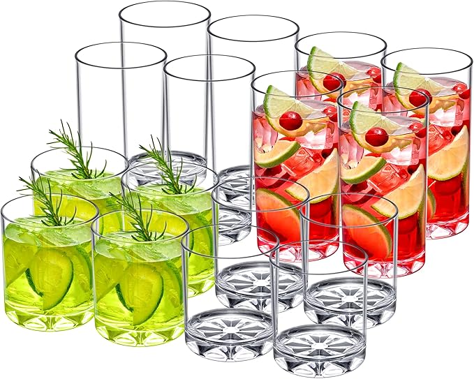 Amazing Abby - Liberty - 12-Ounce and 16-Ounce Plastic Tumblers (Set of 16), Plastic Drinking Glasses, All-Clear Reusable Plastic Cups, BPA-Free, Shatter-Proof, Dishwasher-Safe