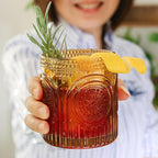 Vintage Amber Drinking Glasses Set of 6 by Kate Aspen - 10 oz Ribbed Glassware for Drinking Water, Juice, Cocktail Glasses - Ribbed Glass Cups Set, Iced Coffee Cup, Kitchen Drinkware or Home Bar