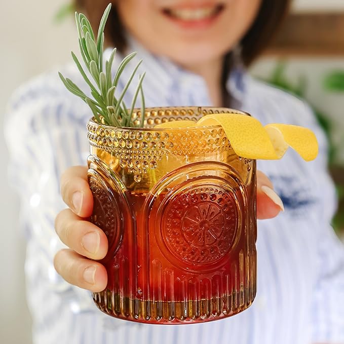 Vintage Amber Drinking Glasses Set of 6 by Kate Aspen - 10 oz Ribbed Glassware for Drinking Water, Juice, Cocktail Glasses - Ribbed Glass Cups Set, Iced Coffee Cup, Kitchen Drinkware or Home Bar