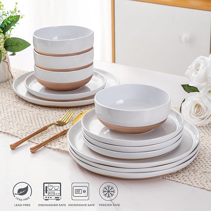 AmorArc Ceramic Dinnerware Sets with Pasta Bowls for 6, Handpainted Plates and Bowls Set with Rustic Terracotta Underside, Scratch Resistant Dishes Set, Dishwasher & Microwave Safe, 24 Pcs