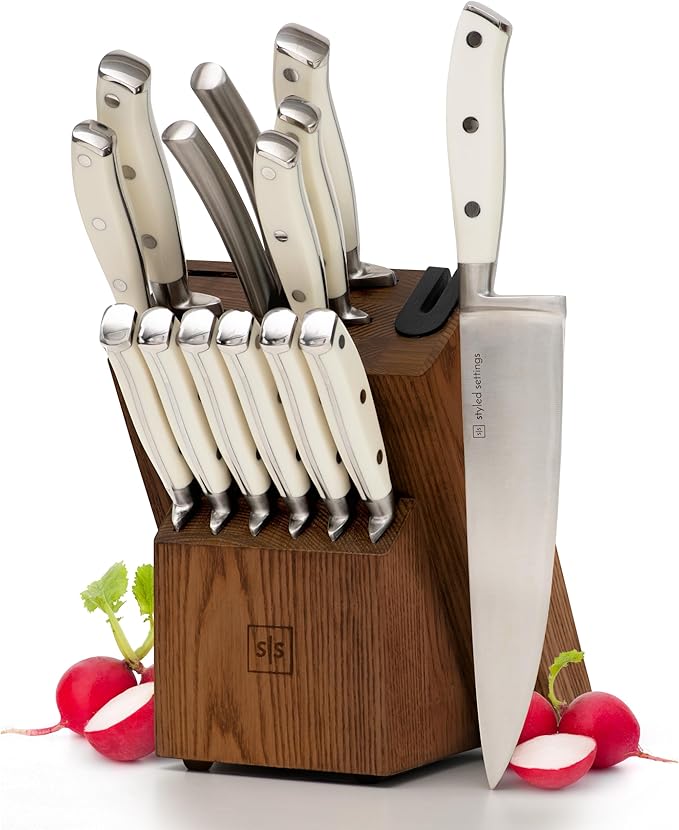 White Knife Set with Block – 14-Piece Forged Stainless Steel Knives with Triple Rivet Handles, Heavy-Duty Kitchen Shears, and Self-Sharpening Knife Block – Durable White Kitchen Accessories