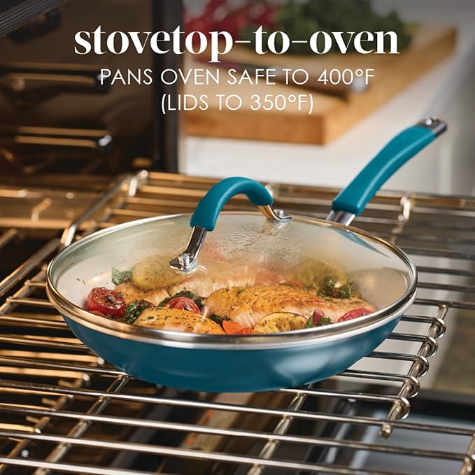 Rachael Ray Cucina Ceramic Cookware Set - 13 Pieces - Ceramic Pots and Pans Set w/Nonstick Frying Pans, Saute Pan, Saucepans, Stockpot, Lids, Pan Protectors & Cooking Utensils - Marine Blue
