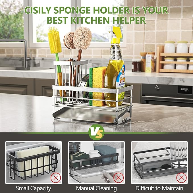 Cisily Sink Caddy Sponge Holder for Kitchen with Brush Holder and Stainless Steel Self Drain Tray, Rustproof Kitchen Sink Organizer for Sponge, Soap Dispenser Storage Accessories (Stainless Steel)