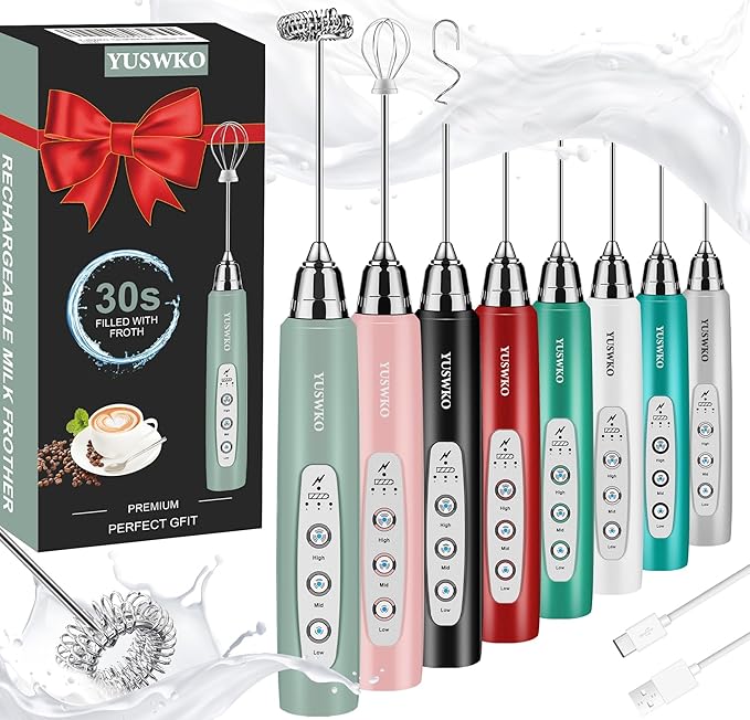 YUSWKO Milk Frother Handheld for Coffee, Rechargeable Drink Mixer with 3 Heads 3 Speeds Electric Coffee Frother Whisk, Gift for Many Occasions and Festival