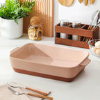 MALACASA 4.8 Qt Ceramic Oven Dish with Handles, 9 x 13 Inch Baking Dish Casserole Dishes, Deep Rectangular Lasagne Dishes Bakeware for Roasting (Khaki & Pink), Series TARA