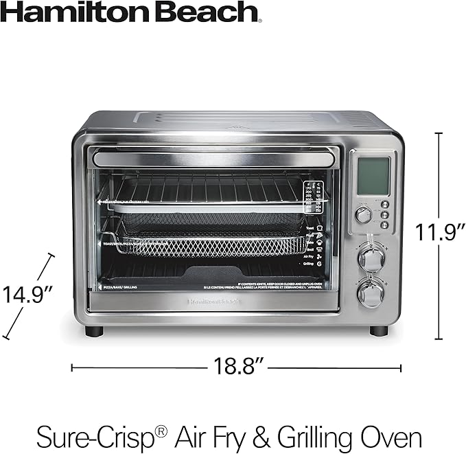 Hamilton Beach 6-in-1 Sure Crisp Air Fryer Toaster Oven Combo & Electric Indoor Grill, 450 F Searing Temp, Bake, Broil, Toast and Pizza Function, .88 cu. ft., 6 Slice Capacity, Stainless Steel (31395)