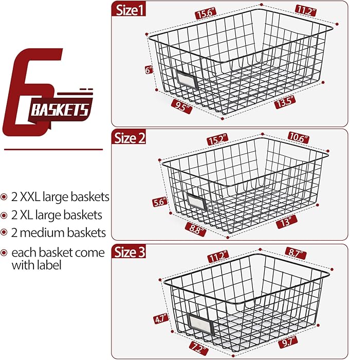 6 Pack Wire Baskets for Pantry Organization and Storage, Kitchen Organizer, 2 XXLarge & 2 XLarge & 2 Large