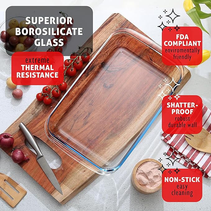 EATEX 16-Piece Deep Glass Casserole Dishes for Oven with Plastic Lids, Glass Baking Dishes for Oven, Rectangular Bakeware for Lasagna, Cooking, Leftovers, Kitchen, Freezer to Oven Dishwasher Safe