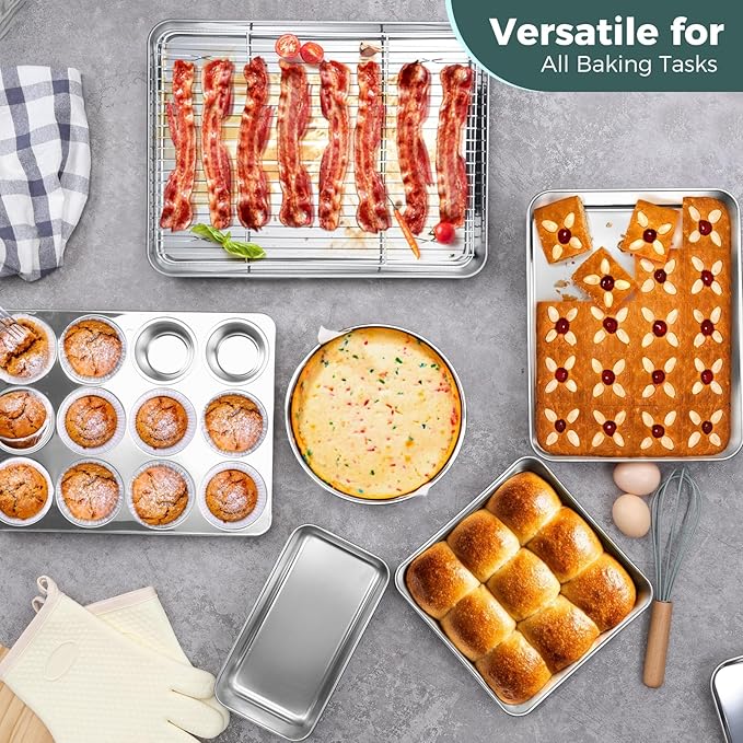 E-far 12-Piece Bakeware Sets, Stainless Steel Baking Pan Set Includes Cookie Sheet, Round Square Rectangle Cake Pans with Lids, Multi-Functional for Loaf Muffin Pizza, Non-toxic & Dishwasher Safe