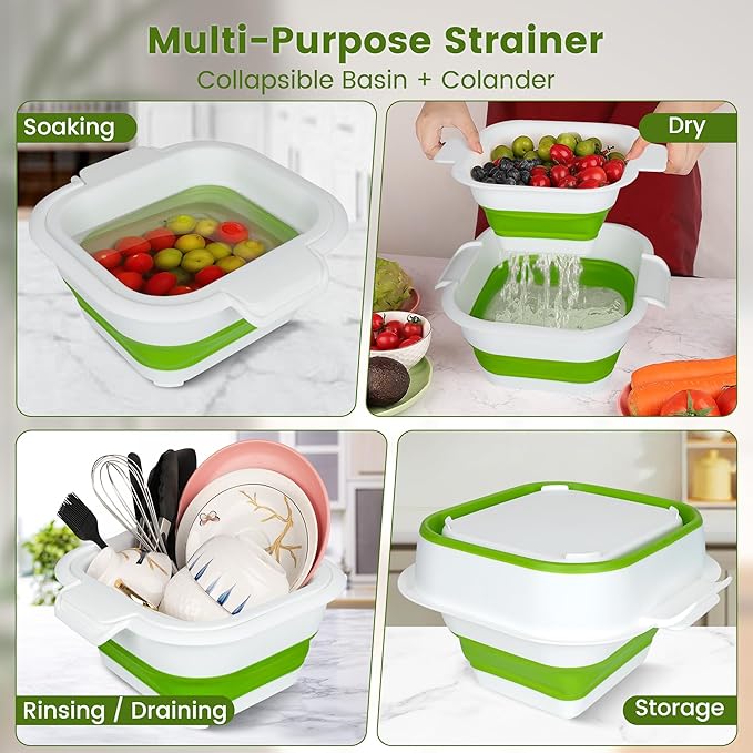 Collapsible Colander Set with Strainer Bowl, 2 in 1 Fruit Washing Basket with Strainer, 5 + 3 QT Plastic Colanders for Kitchen, Foldable Double Layered Colander Bowl for Berry, Vegetable, Green