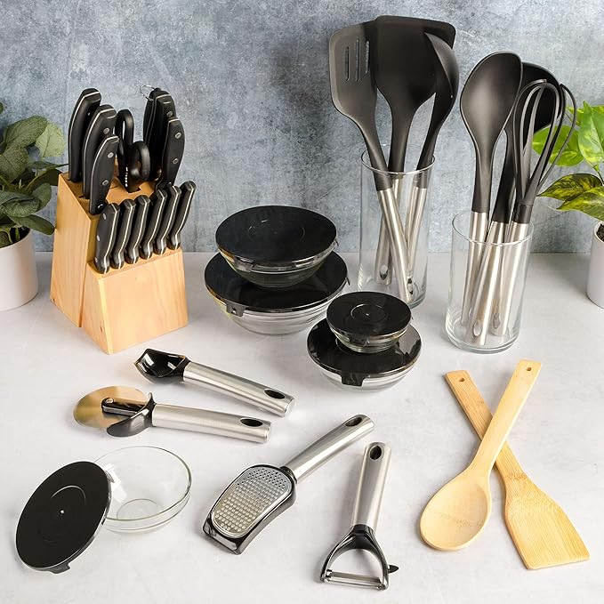 Gibson Home 95 Piece Kitchen in a Box Pots and Pans Cookware, Plates and Bowls Dinnerware, Cutlery Knife Block, Flatware Utensils, Tools & Gadgets, Storage, Glasses Set