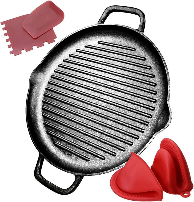 Cast Iron Grill Pan, 12.6 inch Griddle Pan with Dual Handles, Pre-Seasoned Heavy-Duty Cast Iron Skillet for Stovetop, Oven, Indoor & Outdoor BBQ Use