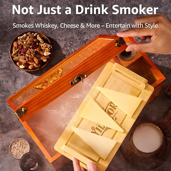 Old Fashioned Smoker Kit – Premium Wooden Gift Box for Whiskey & Cocktails, Electric Fan-Powered 2-in-1 Drink & Food Smoker, Bourbon Whiskey Gift for Men, Complete Set (Smoking Gun Not Required)