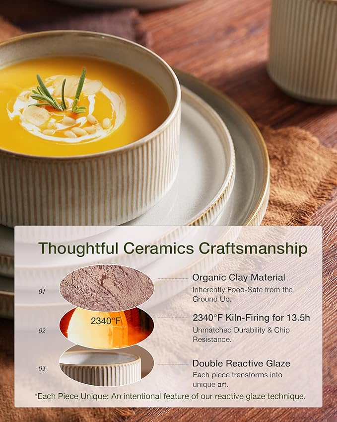 Famiware Star Dinnerware Set with Mugs, Service for 4 (16pcs), Ribbed Stoneware Plates and Bowls Dishes Sets - Chip & Scratch Resistant, Microwave & Dishwasher Safe, Cappuccino White