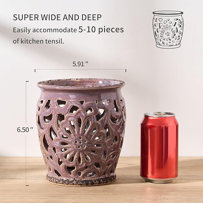 Farmhouse Kitchen Utensil Holder for Kitchen Counter, Ceramic Large Cooking Utensil Crock with Cork Mat, Decorative Rustic Utensil Organizer for Countertop, Spatula, Antique Purple