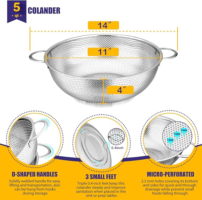 E-far 5-Quart Stainless Steel Colander, Micro-Perforated Metal Colander Strainer with Handle for Kitchen/Draining Pasta/Rinsing Vegetables Fruits, Heavy Duty & Dishwasher Safe - 11 Inches