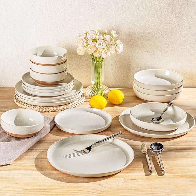 AmorArc Ceramic Dinnerware Sets for 8, 24 Pieces Handpainted Plates and Bowls Set with Rustic Terracotta Underside, Scratch Resistant Stoneware Dishes Set, Dishwasher & Microwave Safe, Light Beige