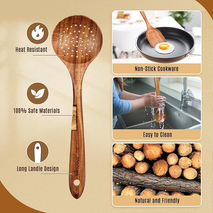 Mooues Wooden Spoons for Cooking, Wooden Utensils for Cooking Natural Teak Wooden Kitchen Utensils Set Comfort Grip (7 PCS SET)