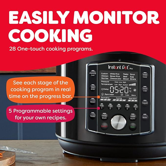 Instant Pot Pro 10-in-1 Pressure Cooker, Slow Cooker, Rice/Grain Cooker, Steamer, Sauté, Sous Vide, Yogurt Maker, Sterilizer, and Warmer, Includes App With Over 800 Recipes, Black, 6 Quart