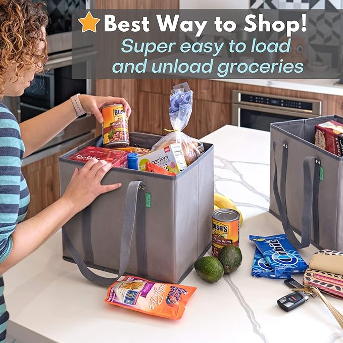 Creative Green Life Reusable Grocery Bags (3 Pack) – Heavy Duty Reusable Shopping Bags with Box Shape to Stand Up, Stay Open, Fold Flat – Large Tote Bags with Long Handles & Reinforced Bottom (Gray)