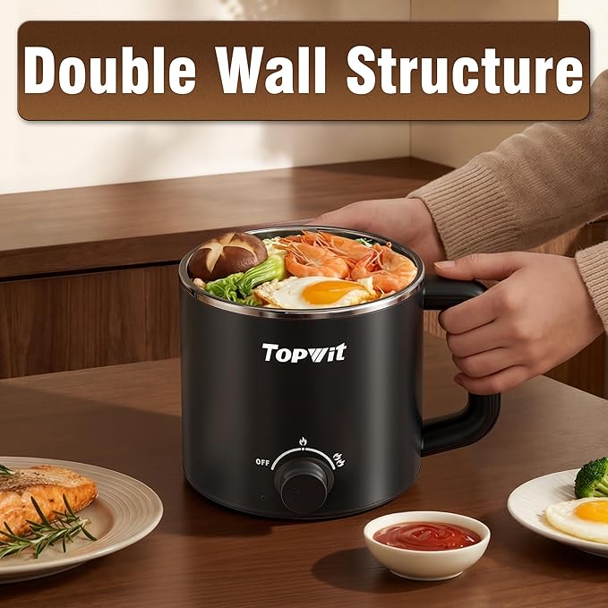 Topwit Hot Pot Electric, Electric Pot, 1.6L Ramen Cooker, Multifunctional Cooker for Pasta, Shabu-Shabu, Oatmeal, Soup and Egg with Over-Heating Protection, Boil Dry Protection, Black