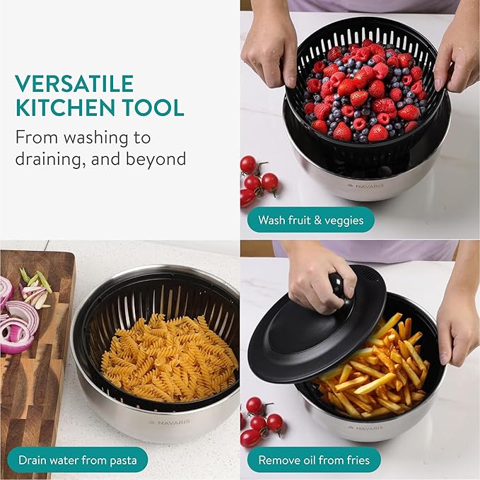 Navaris Salad Spinner with Storage Lid - Durable Stainless Steel Vegetable & Lettuce Dryer Set - Non-Slip Silicone Base - Includes Plastic Colander and Extra Storage Lid - Black