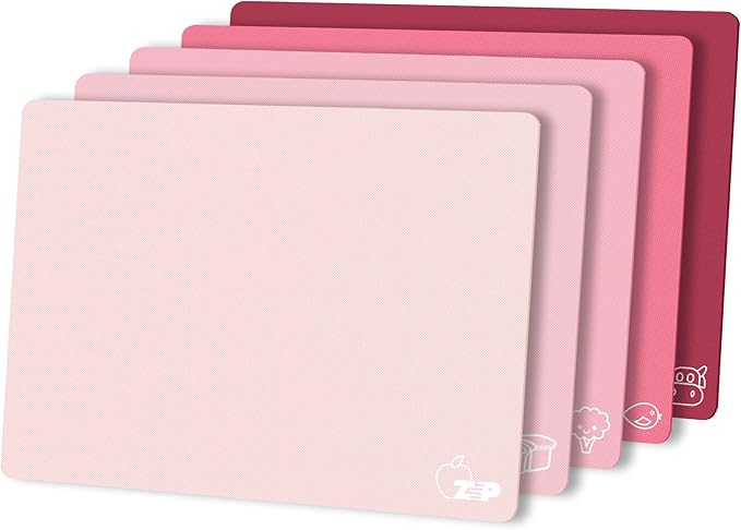 ZVP Flexible Plastic Cutting Board Set of 5 Gradient Color, Colorful Chopping Boards, BPA Free Mats, Non Slip, Dishwasher Safe, 15x12 Inch, Pink Multi-Color