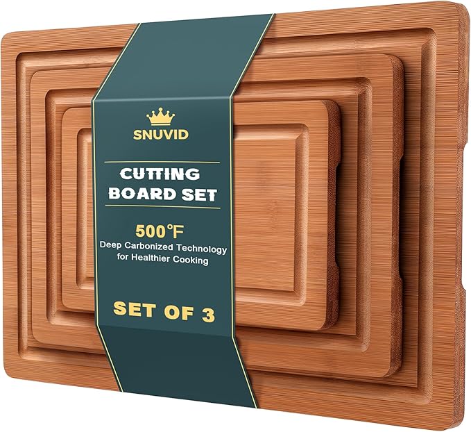 Bamboo Cutting Board Set of 3, Wood Cutting Boards for Kitchen with Juice Grooves, Durable Chopping Board for Meat, Vegetables & Meal Prep