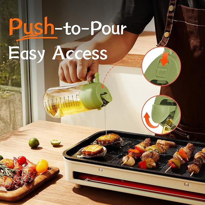 TrendPlain 16oz/470ml Glass Olive Oil Sprayer for Cooking – 2 in 1 Olive Oil Dispenser Bottle for Kitchen Gadgets and Air Fryer Accessories, Salad, BBQ - White & Green