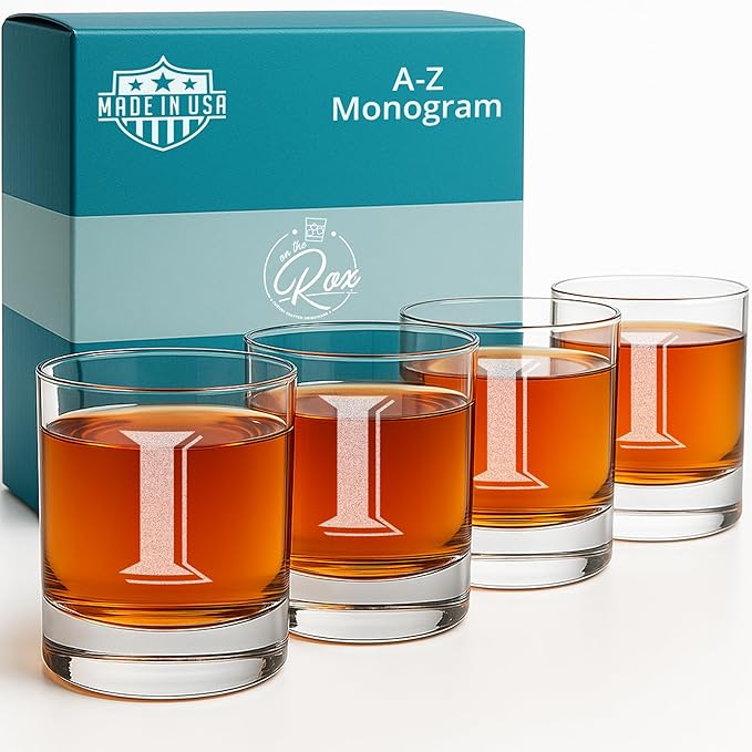 Monogrammed Gifts for Men - 4PC 11 Oz Custom Whiskey Glasses (I-Monogram) - Engraved Whiskey Glasses - Personalized Whiskey Glasses - Unique Bourbon Glasses - Personalized Glass Gifts for Dad
