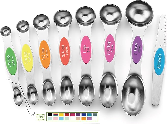 Spring Chef Stainless Steel Magnetic Measuring Spoons Set of 8 with Leveler, Nesting Metal Teaspoon & Tablespoon Measuring Spoons, Kitchen Gadgets for Baking & Cooking, Fits in Most Spice Jars - Neon