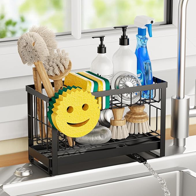 Sponge Holder for Kitchen Sink with Flexible Smiley Face, 2 Tier Kitchen Sink Organizer, Countertop and Storage Essentials, Soap Dispenser Organizer, Home Decor Accessories - Black