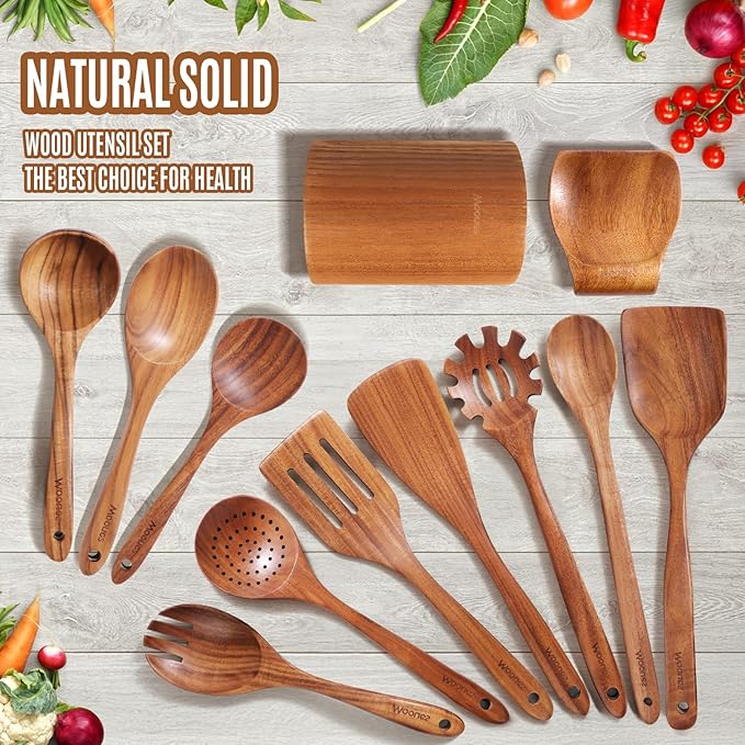 Wooden Spoons for Cooking, 12PCS Teak Wooden Kitchen Utensil Set with Spoon Rest - Smooth Finish, Non-Stick, Comfortable Grip, Heat Resistant Cooking Utensils Set