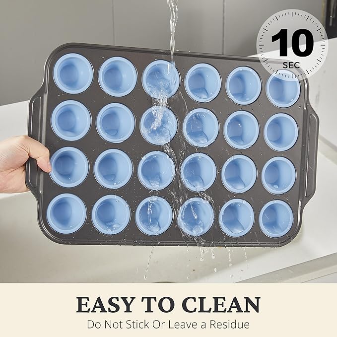 BRONYPRO Silicone Mini Muffin Pan with Metal Frame, Egg Bite Molds for Baking,Cupcake Pan 24 Regular Size, Mini Muffin Tin Easy to Pop Nonstick Non Toxic Bakeware for Oven,Blue
