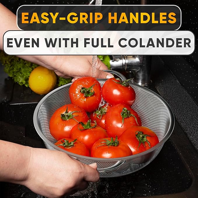 Stainless Steel Strainer Bowl With Handles - 5Qt Rice Washer Strainer Bowl for Grains, Beans, Spaghetti, Veggies, Fruits - Dishwasher Safe & Rust-Resistant Metal Strainers for Kitchen With Fine Holes
