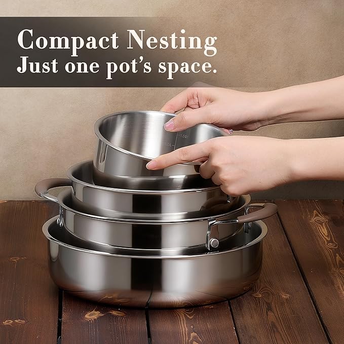 CAROTE 19pcs Stainless Steel Cookware Set with Detachable Handle, Pots and Pans Set, Induction Kitchen Cooking Sets, RV/Camping Cookware, Removable Handle, Oven Safe, Woodgrain