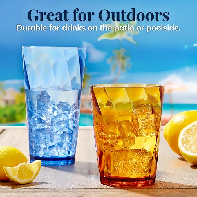 US Acrylic Optix Plastic Reusable Drinking Glasses (Set of 16) 14oz Rocks & 20oz Water Cups in Jewel Tone Colors | BPA-Free Tumblers, Made in USA | Top-Rack Dishwasher Safe