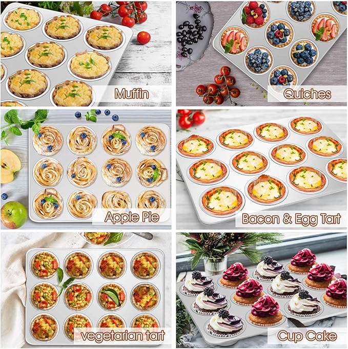 P&P CHEF Muffin Pan Cupcake Baking Pan Set, Stainless Steel Muffin Tin Tray for Mini Cake Tart Quiche, Oven & Dishwasher Safe, Non-toxic & Heavy-duty, (12 Cup, 2Pcs)