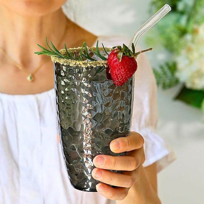 Kate Aspen Smoke Grey Hammered Plastic Tumblers, Plastic Drinking Glasses Set of 8, 23 oz, Large Shatterproof Cups Reusable for Outdoor Barware, Cocktails, BPA-Free Tumblers & Water Glasses