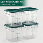 CURTA 8-Pack 4 Qt NSF Clear Polycarbonate Food Storage Containers with Green Lids - Square, Commercial-Grade, Freezer & Dishwasher Safe, Stackable