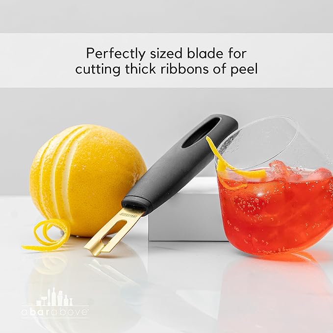 A Bar Above Black Handle Stainless Steel Channel Knife, Chef-Grade Citrus Garnish Tool, Zester and Fruit Peeler for Cocktails, Culinary Presentation, and Kitchen Use