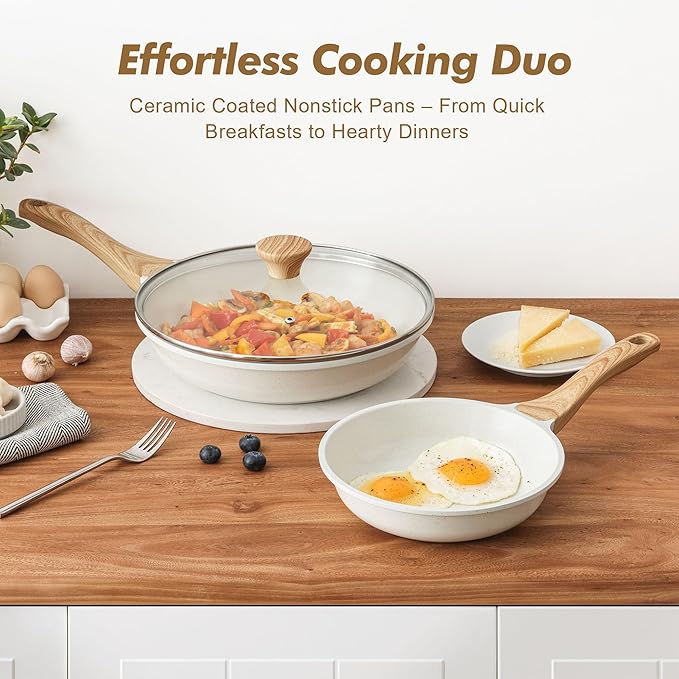 SENSARTE Nonstick Frying Pan Skillets, White Ceramic Coating Omelette Pans, Healthy Cookware Chef's Pan, Free of PTFE & PFAS (8+11Inch with Lid)