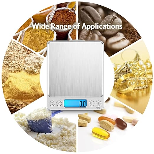 AMIR Digital Kitchen Scale, 3000g 0.01oz/ 0.1g Pocket Coffee Scale, Mini Food Scale, Pro Electronic Jewelry Scale with Back-Lit LCD Display, Tare & PCS Functions, Stainless Steel, Batteries Included