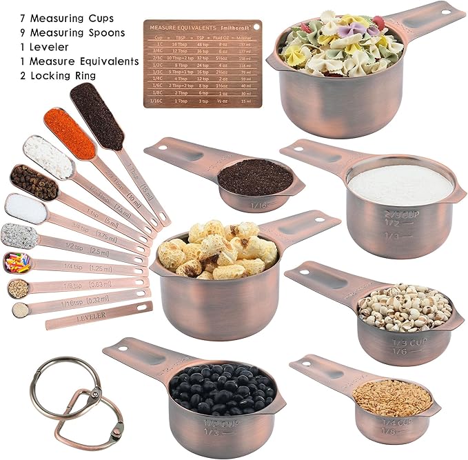 Smithcraft Measuring Cups and Spoons Set, Copper Measuring Cups and Spoons Set for Dry & Liquid, Metric&US 7 Stainless Steel MeasureR Cup&9 Spoon Leveler & Measure Enquivalents for Kitchen & Baking