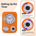 Lily's Home - 9.5 Inch x 12.5 Inch - Retro Kitchen Wall Clock, Vintage Wall Clock with a Thermometer and 60-Minute Timer, Ideal for Any Kitchen, Office, or Diner (Orange)