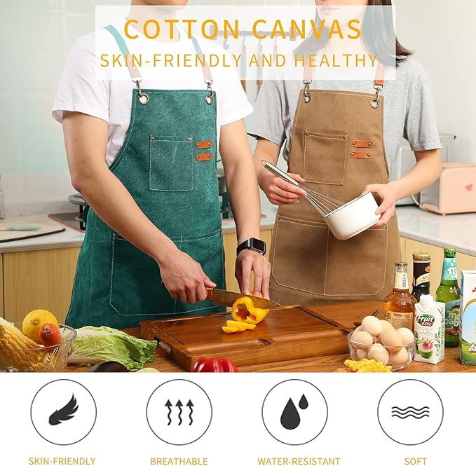 Tosewever Canvas Cross Back Chef Cotton Aprons for Men Women with Large Pockets
